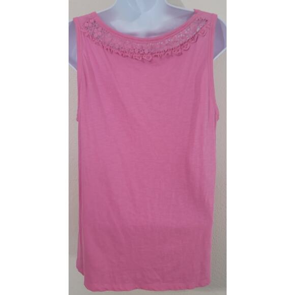 Crown & Ivy Beach Pink Slub Knit Crochet Detail Tank Shirt PL Soft Stretchy - Picture 3 of 6